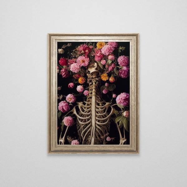 Vintage Floral Skeleton Oil Painting | Dark Art | Gothic Home Decor | Oddities and Curiosities | Skeleton Print | Creepy Horror Skull Poster