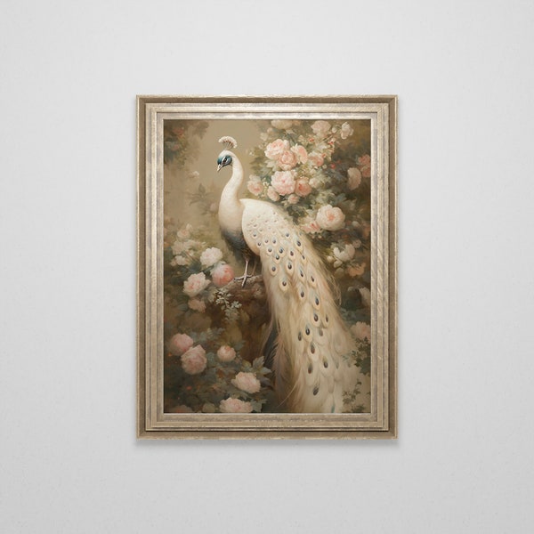 Victorian White Peacock Antique Oil Painting | Vintage Wall Art | Light Academia | Bird Painting | French Oil Painting | Downloadable Art