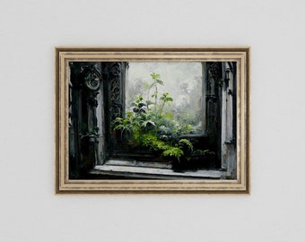 Vintage Overgrown Window Painting Digital Art Print | Moody Botanical Print | Antique Painting | Downloadable Art