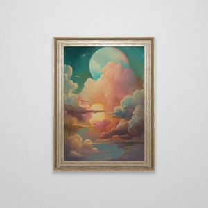 Vintage Pastel Clouds Celestial Oil Painting | Light Academia Cloud Fairycore | Cottagecore | Antique Wall Art | Dark Academia Decor