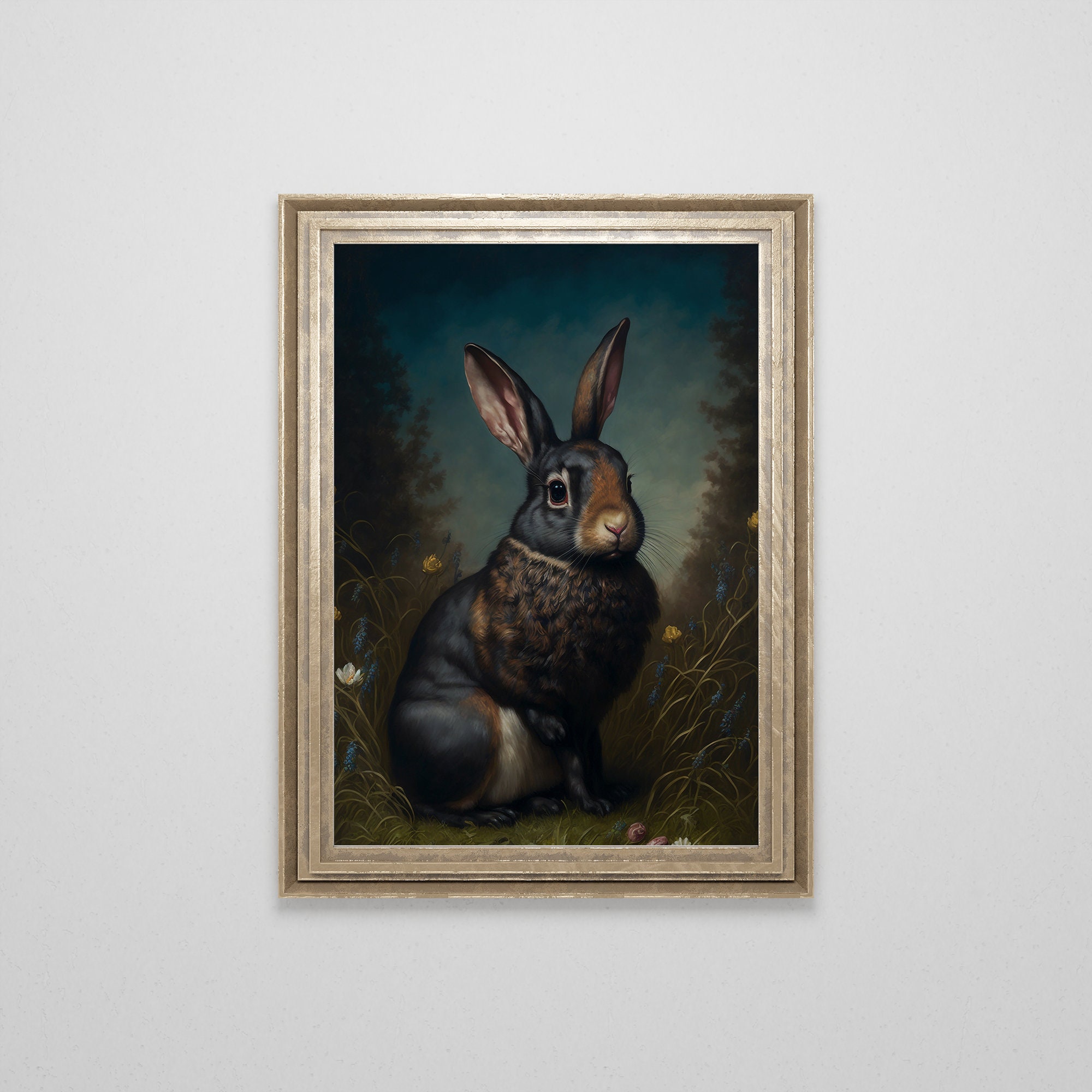 GOOD ART Lovely Rabbits Hare Bunny Eating Grass  100% Hand Painted Oil Painting on Canvas. Art main image 1