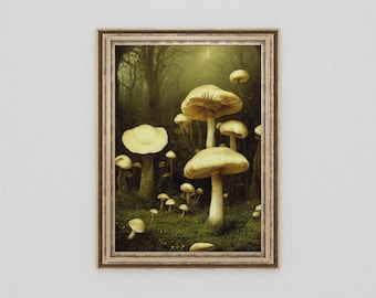Vintage Mushroom Print | Cottagecore Home Decor | Fairycore | Goblincore | Dark Moody Oil Painting | Dark Academia Wall Art