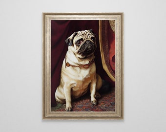 Vintage Pug Oil Painting | Antique Dog Painting | Pug Wall Art | Pug Print | Pug Gift | Vintage Pug Dog Oil Painting