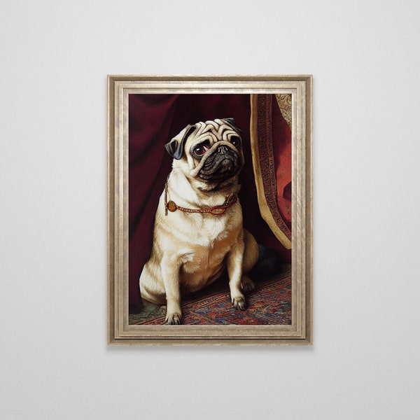 peinture à l'huile de carlin vintage | Peinture de chien antique | Art mural carlin | Impression de carlin | Cadeau de carlin | peinture à l'huile de chien carlin vintage