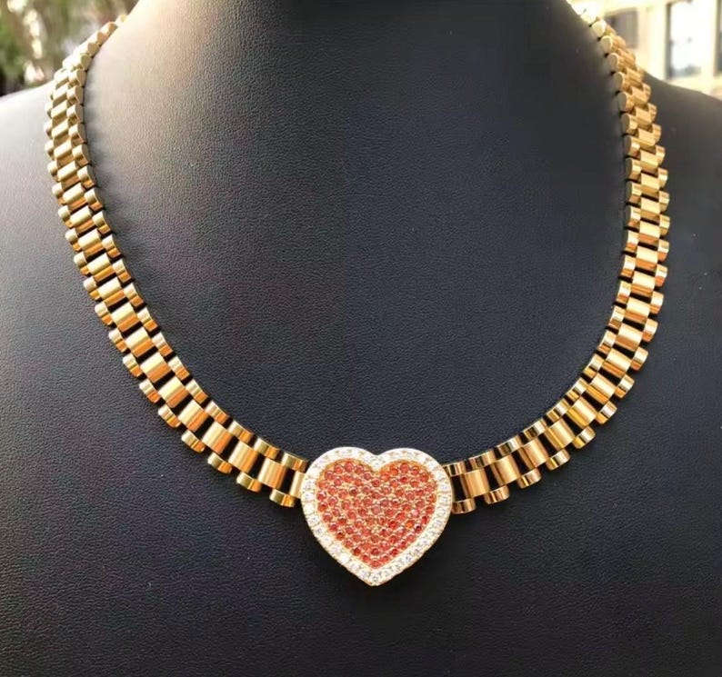 Custom Stainless Steel Diamond CZ Heart Frame Pendant Rollie Necklace ...