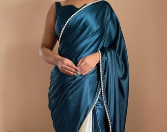 Indian Satin Silk Saree: Half and Half Design