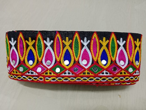 Embroidered Black Kutchi Trim: Indian Mirror Work Lace