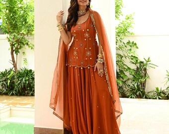 Burnt Orange Sharara Set, Scalloped Kurti /Handwork Dupatta / Wedding Guest Wear