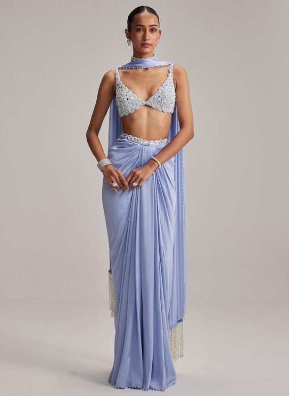 Blue Pre-Draped Saree Set | Hand-Embellished Mirror & Pearl Work Blouse | Pure Natural Crepe Saree with Scalloped Waistband / Fringed Pallu