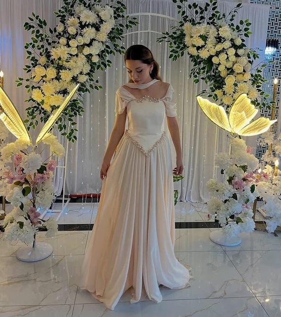 Cream Off-the-shoulder Prom Dress With Pearl Beading | Elegant Evening Gown, Scarf