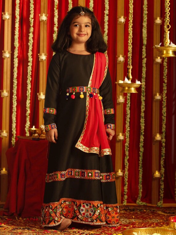 Girls Navratri Special Black Anarkali Kurta With Red Dupatta Set Etsy UK