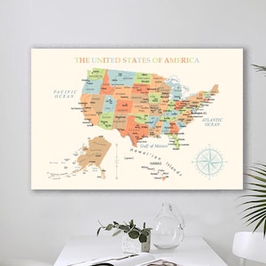 Mapa grande de EE. UU. con estados y ciudades, póster detallado de EE. UU., mapa de viaje con alfileres, regalo de mapa de aniversario, arte de mapa de Estados Unidos, carteles para el aula