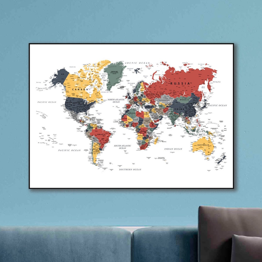 World Map Digital, World Map Wall Art, Large Travel Poster, Travel