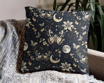Whimsigoth Luna Moth Pillow Cover Dark Academia Decor Moody Floral Witchy Bedroom or Cozy Cottagecore Home Gift Ideas Magical Witchy gifts