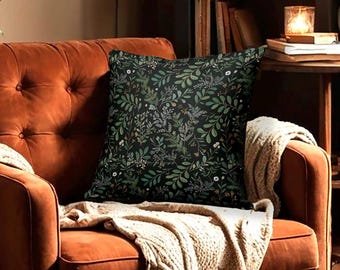 Dark Academia Fall Pillow Cover Gothic Cottagecore Cushion with Fern Leaves Cozy Autumn Home Decor, Whimsigoth Gift Idea, Cottagecore Autumn