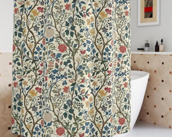 William Morris Shower Curtain | Farmhouse Botanical Bathroom Decor | Rustic Floral Nature-Inspired Curtain | Vintage Cottage Style Bath