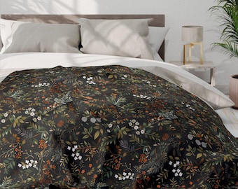 Dark Floral Throw Blanket | Whimsigoth Botanical Fleece | Cozy Cottagecore & Dark Academia Decor | Autumn Flowers Ferns Boho Style Aesthetic
