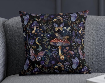 Mushroom Faux Suede Pillowcase – Dark Cottagecore Home Decor, Dark Academia Moon Throw Pillow, Celestial Aesthetic Gift