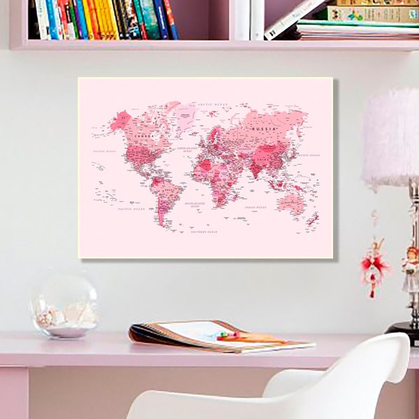 Pink wall art, Digital world map,World map print,Baby wall art,Teenagers girls gifts,Dorm room decor aesthetic,World map download,guest book