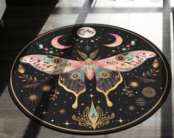 Round Rug Black Celestial Moth Dark Academia Home Mat Cottagecore Rug Mystical Butterfly Aesthetic Decor Fairycore Room Accent Mother's gift