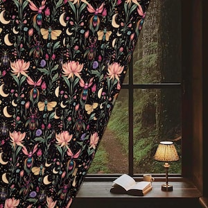 Witchy Gothic Window Curtain: Mystical Bugs & Dark Florals