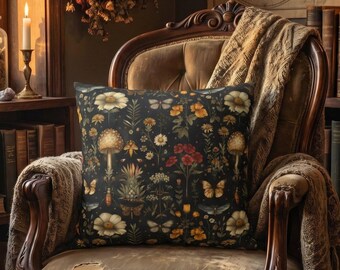 Whimsigoth Mushroom Pillow Cover, Moth & Fern Goblincore Decor, Dark Academia Cushion, Forest Witch Altar Pillowcase
