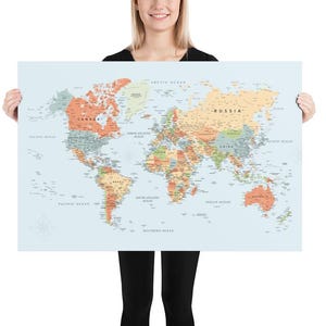 Large World Map Poster Blue, Accurate World Map Art Print,Detailed Map Poster for Wall,Travel Around World Map, Office Wall Room decor