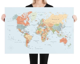 Large World Map Poster Blue, Accurate World Map Art Print,Detailed Map Poster for Wall,Travel Around World Map, Office Wall Room decor