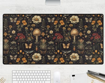 Large Moth & Mushroom Desk Mat | Floral Cottagecore Gaming Mouse Pad | Moody Nature Whimsical Desk Decor
