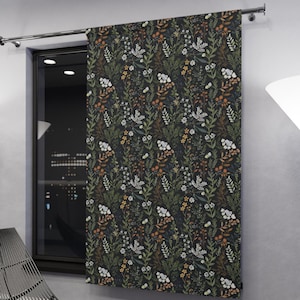 Dark Botanical Blackout Window Curtain, Moody Autumn Floral Panel, Cottagecore Witchy Forest Drapes, Cozy Gothic Room Decor Herbs & Plants