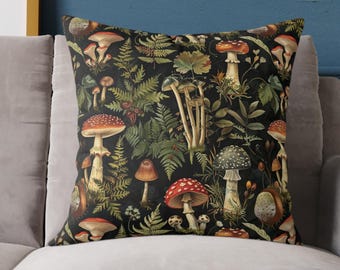 Autumn Mushroom Pillow Cover | Red Amanita Throw Cushion | Dark Cottagecore Decor | Witchy Fall Home Accent | Gothic Forest Pillowcase