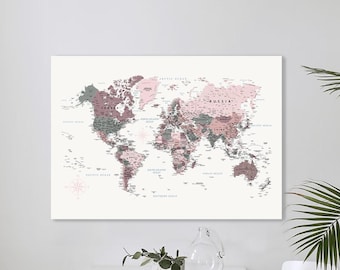 Printed World Map Poster on Paper Wall Decor Housewarming Gift Poster as a Gift for the first New home College girls Pink Gray Wall decor