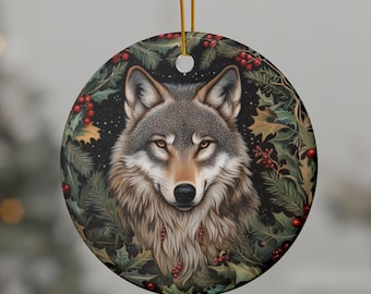 Mystic Wolf Ornament Witch Christmas Decor Pagan Yule Tree Hanging for Her, Dark Forest Animal Spirit Gift, Gothic Holiday Bauble Gifts