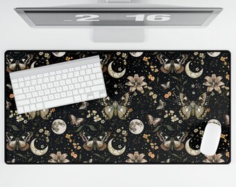 Dark Floral Desk Mat – Moth & Moon Mouse Pad | Witchy Cottagecore Office Decor | Large Gaming Mouse Pad for Home Office Setup