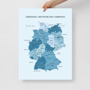 Karte von Europa - Deutschland Blau Farben Wand Papier Poster,Deutschlandkarte Wandbilder,Karte Bundesländer,Detaillierte Wandkunst Deutsche Bundesländer Büro
