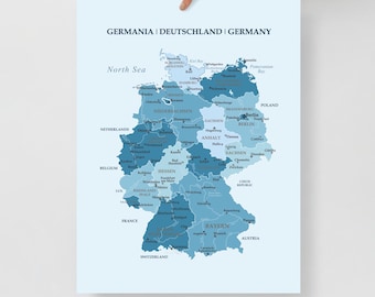 Map of europe - Germany Blue colors wall paper poster,Deutschlandkarte Wandbilder,Karte Bundesländer,Detailed Wall Art German States Office