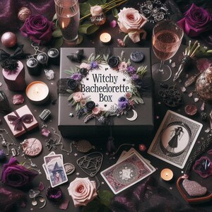May include: A dark gray gift box with the text "Witchy Bachelorette Box" surrounded by a floral wreath. The image includes roses, candles, tarot cards, and other witch-themed accessories in shades of purple, pink, and black.