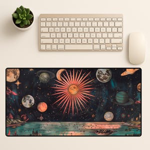 XL Celestial Desk Mat – Vintage Sun & Planets Mouse Pad, Cosmic Astrology Office Mat, Witchy Boho Altar Decor, Large Gaming Desk Pad