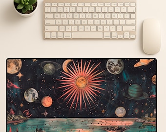 XL Celestial Desk Mat – Vintage Sun & Planets Mouse Pad, Cosmic Astrology Office Mat, Witchy Boho Altar Decor, Large Gaming Desk Pad
