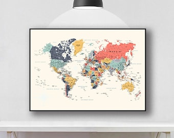 Stampa della mappa del mondo, Mappa del mondo digitale, Scarica la mappa del mondo con i paesi, Grande parete decorativa per dormitorio, Alternativa al libro degli ospiti, Poster di viaggio, Mappa di viaggio