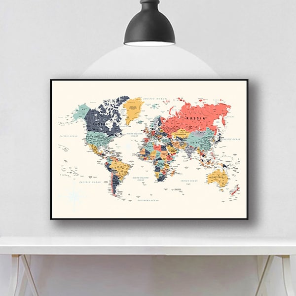 Impression de carte du monde, carte du monde numérique, téléchargement de la carte du monde avec les pays, décoration murale pour grand dortoir, alternative au livre d'or, affiche de voyage, carte de voyage