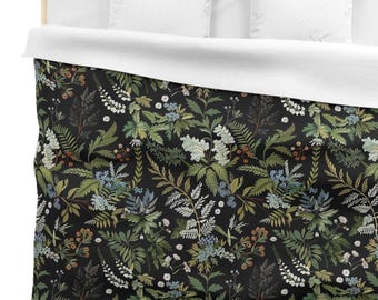 Moody Fern & Wildflower Duvet Cover – Dark Botanical Bedding, Sage Green Blue Floral, Cottagecore Bedroom Decor, Gothic Dark Academia Style