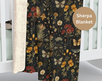 Moody Mushroom Sherpa Blanket GoblinCore Garden, Dark Forest Throw Blanket, Whimsigoth Cottagecore Bedding, Aesthetic Cozy Home Gift
