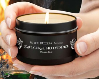 Witchy Tin Candles Light Curse No Evidence,Home Decor, Self-Care, Ritual Candles, Halloween, Cozy Night Gift for her Witch Rules Candle