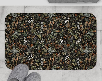 Botanical Bath Mat Moody Fern Floral with Ferns & Daisies, Dark Academia, Cottagecore, Gothic Bathroom Decor, Woodland Whimsy Rug Whimsigoth