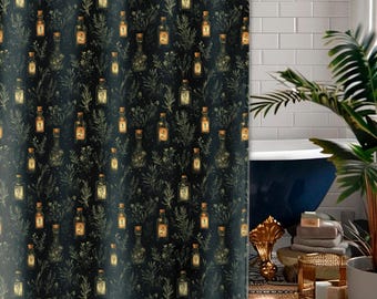 Moody Black Botanical Shower Curtain Dark Academia Cottagecore Vintage Apothecary Herbs & Plants Eclectic Maximalist Bathroom Decor Gift