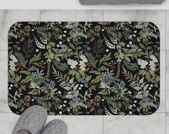 Whimsigoth Bathroom Decor Rug, Fern Floral Bath Mat Dark Academia Gothic Bathroom Decor Botanical Cottagecore, Witchy Mistical Bath Gifts
