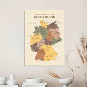 Póster de mapa de Alemania colorido y bohemio con ciudades, arte de pared detallado con estados alemanes y países circundantes, impresión de viaje para decoración del hogar