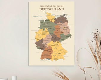 Boho Colorful Germany Map Poster with Cities, Detailed Wall Art with German States and Surrounding Countries Poster,Travel Print Home Decor
