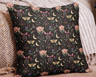 Bugs and Florals Pillow Case Gothic Witchy Decor, Moody Dark Academia Cushion Cover, Boho Moth Beetle Floral Throw Pillow Cottagecore Accent